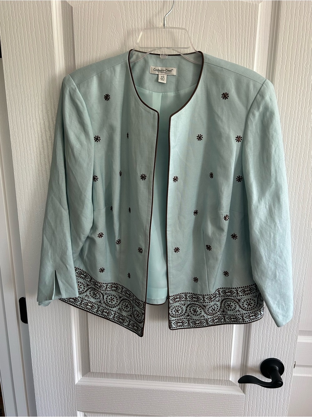 Coldwater Creek  Light Blue Embroidered Open-Front Jacket